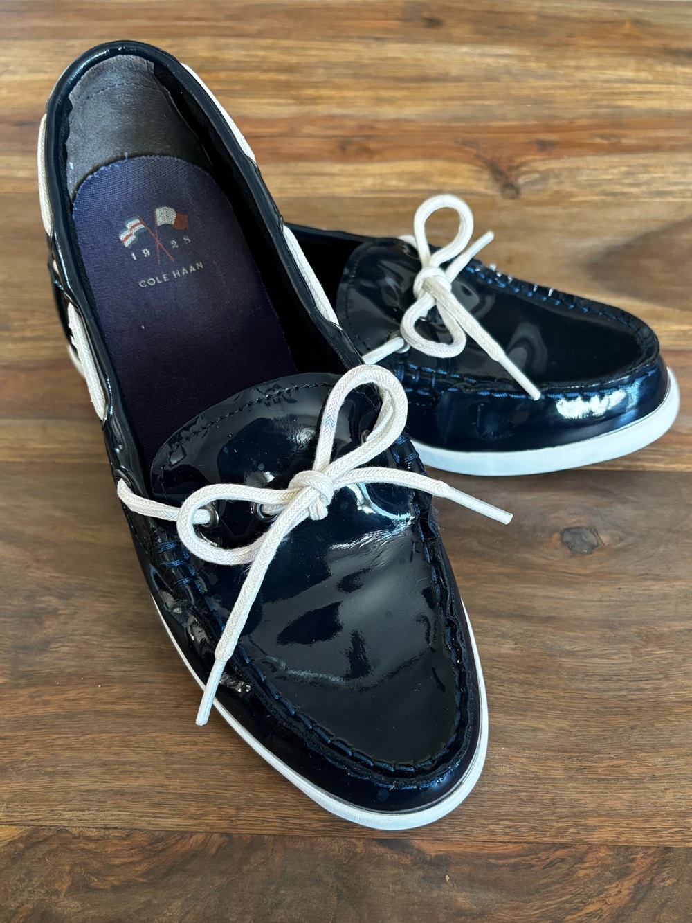 Cole Haan Ladies Navy Patent Leather Boat Deck Shoes